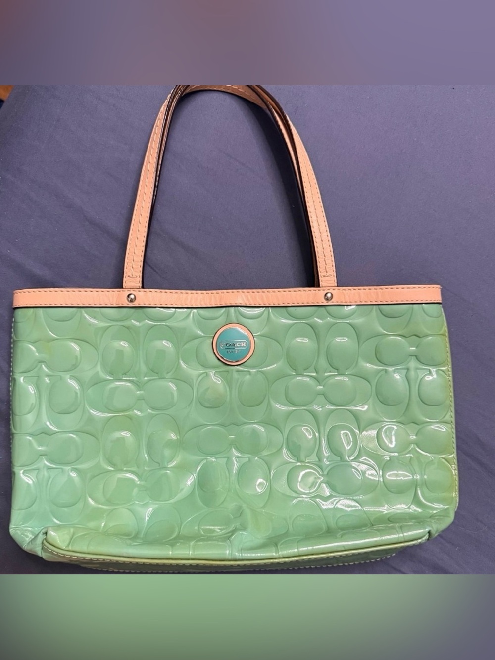 Vintage Coach Mint Green Patent Tote with Tan Leather Trim